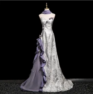 Charming Silver Appliques Sequins Evening Dresses 2025 A Line Princess Strapless Sleeveless Backless Sweep Train Evening Party Formal Dresses