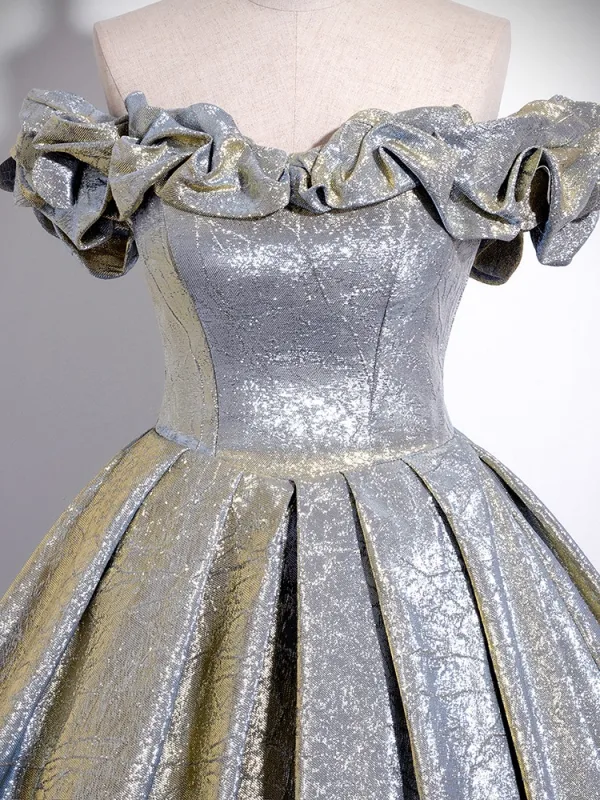 Mode Argenté Glitter Robe De Ceremonie 2024 Robe Boule De l'épaule Manches Courtes Dos Nu Longue Promo Robe De Bal