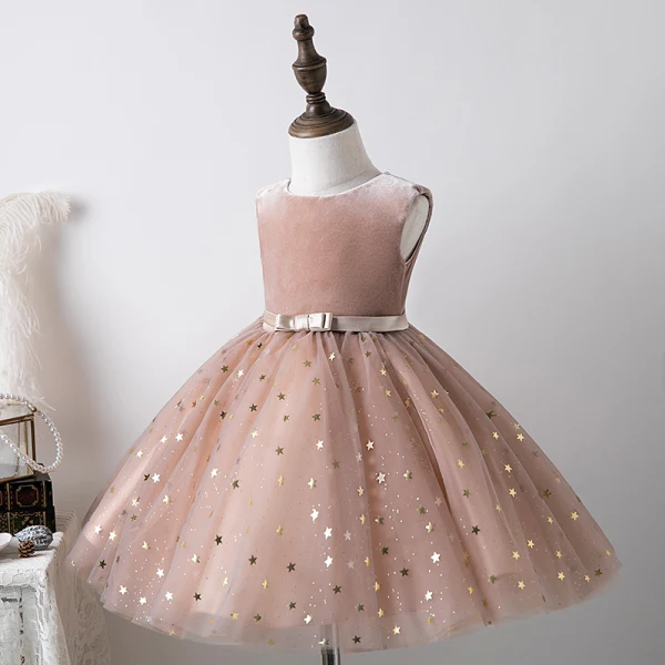 Fashion Blushing Pink Star Sequins Birthday Flower Girl Dresses 2022 Ball Gown Scoop Neck Sleeveless Bow Sash Short Flower Girl Dresses