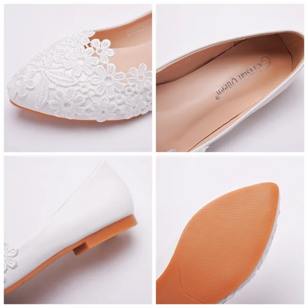 Elegant White Lace Flower Flat Wedding Shoes 2023 Pointed Toe Wedding Shoes