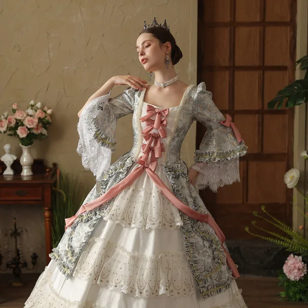 Vintage / Retro Medieval Gothic White Bow Lace Flower Prom Dresses 2024 Ball Gown Square Neckline Bell sleeves Floor-Length / Long Prom Formal Dresses