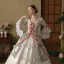 Vintage / Retro Medieval Gothic White Bow Lace Flower Prom Dresses 2024 Ball Gown Square Neckline Bell sleeves Floor-Length / Long Prom Formal Dresses