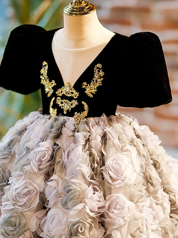 Fashion Black Appliques Birthday Flower Girl Dresses 2024 Ball Gown Scoop Neck Puffy Short Sleeve Floor-Length / Long