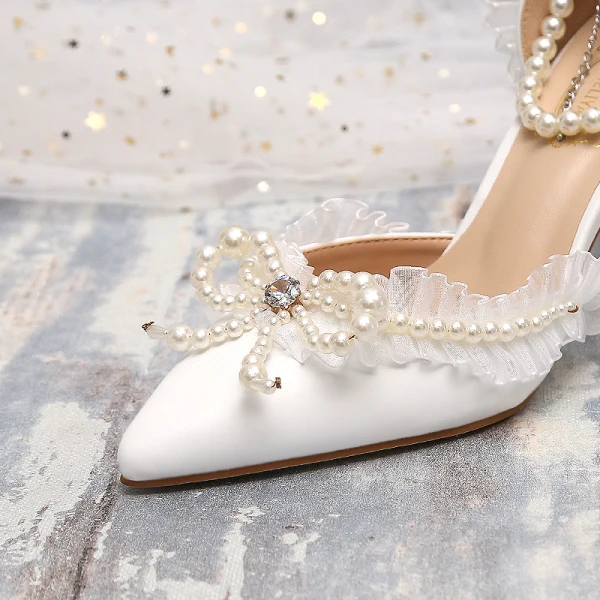 Vintage Witte Parel Rhinestone Strik Bruidsschoenen 2024 9 cm Naaldhakken / Stiletto Spitse Neus Huwelijk Hoge Hakken