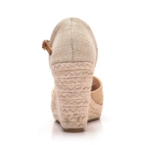 Chic / Beautiful Beige Suede Street Wear Braid Womens Sandals 2023 9 cm Wedges Round Toe Sandals Womens Shoes