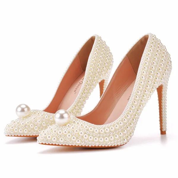 Elegante Weiß Perle Brautschuhe 2022 11 cm Stilettos Spitzschuh Hochzeit Pumps Hochhackige