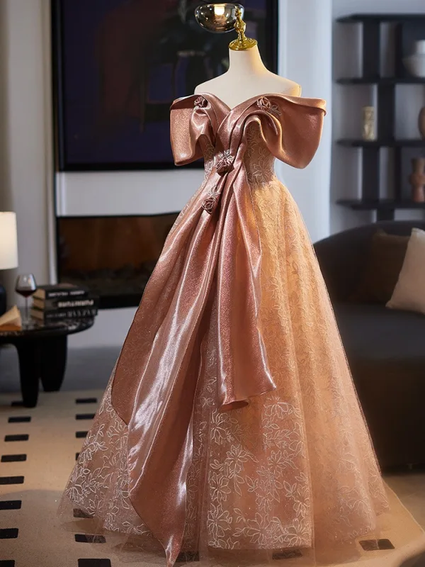 Chic / Beautiful Champagne Appliques Printing Prom Dresses 2025 A-Line / Princess Off-The-Shoulder Short Sleeve Backless Floor-Length / Long Prom Formal Dresses