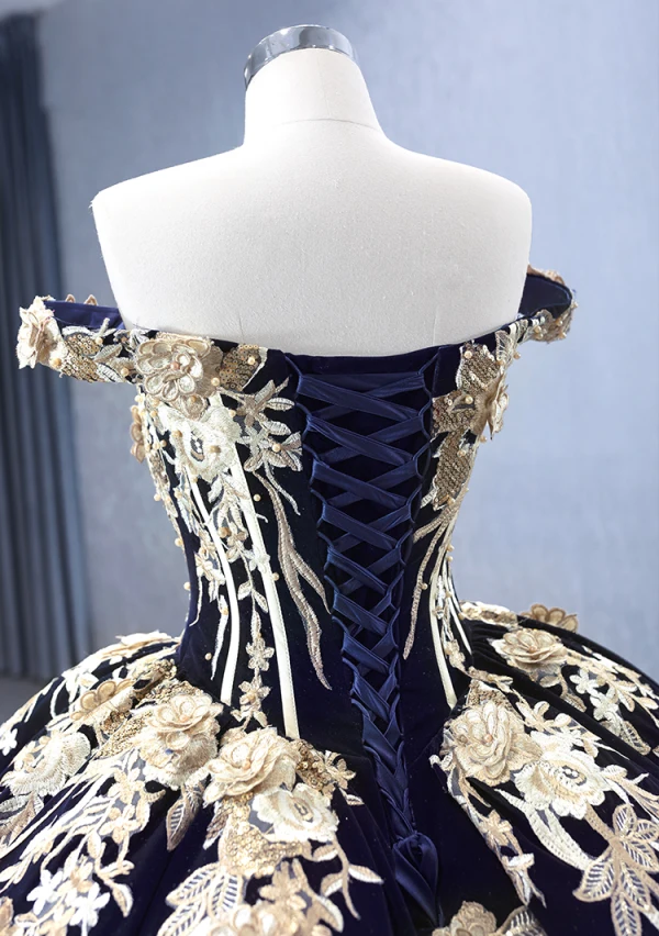 Vintage / Retro High-end Navy Blue Pearl Lace Flower Prom Dresses 2023 Ball Gown Off-The-Shoulder Sleeveless Backless Sweep Train Prom Formal Dresses