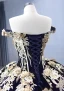Vintage / Retro High-end Navy Blue Pearl Lace Flower Prom Dresses 2023 Ball Gown Off-The-Shoulder Sleeveless Backless Sweep Train Prom Formal Dresses