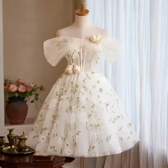 Chic Beautiful Champagne Appliques Short Homecoming Graduation Dresses 2025 Ball Gown Off The Shoulder Short Sleeve Backless Tulle