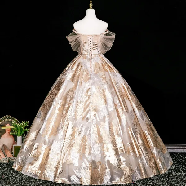 Élégant Doré Appliques Glitter Robe De Bal 2025 Dos Nu Robe Boule De l'épaule Manches Courtes Longue Robe De Ceremonie