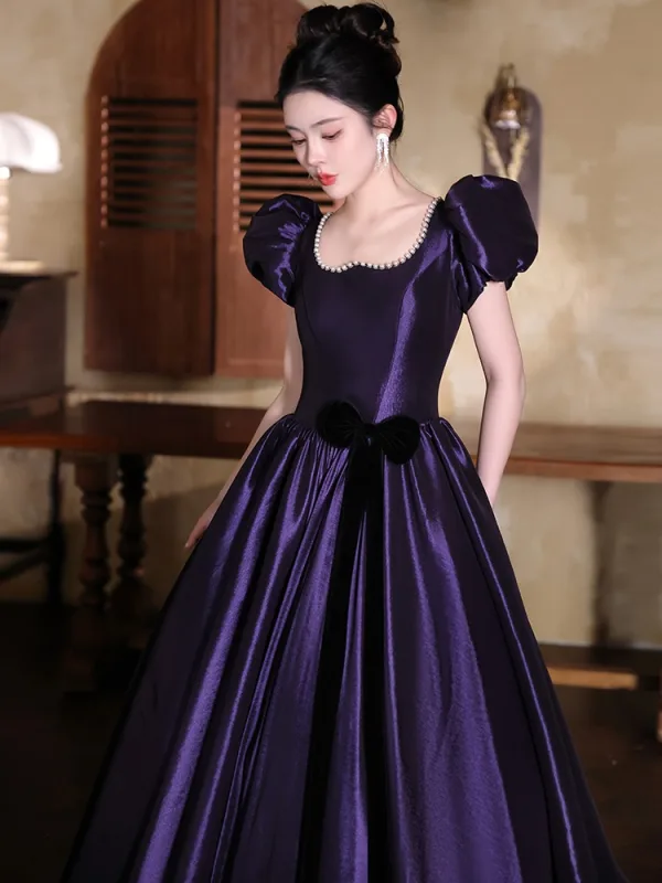 Vintage / Retro Purple Prom Dresses 2025 Ball Gown Square Neckline Puffy Short Sleeve Backless Floor-Length / Long Prom Formal Dresses