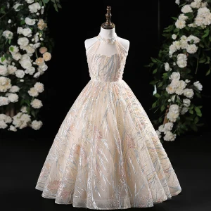 Chic Beautiful Champagne Beading Sequins Lace Flower Birthday Flower Girl Dresses 2024 A Line Princess High Neck Sleeveless Floor Length Long