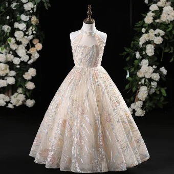 Chic Belle Champagne Perlage Paillettes En Dentelle Fleur Anniversaire Robe Ceremonie Fille 2024 Princesse Col Haut Sans Manches Longue