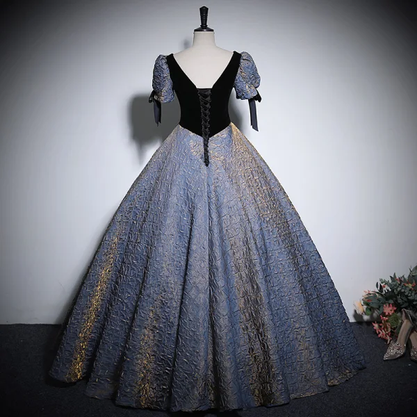 Elegant Sky Blue Appliques Prom Dresses 2024 Ball Gown Square Neckline Puffy Short Sleeve Backless Floor-Length / Long Prom Formal Dresses