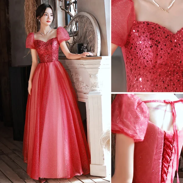 Chic / Belle Bordeaux Glitter Paillettes Robe De Bal 2022 Princesse Encolure Carrée Gonflée Manches Courtes Dos Nu Longue Promo Robe De Ceremonie