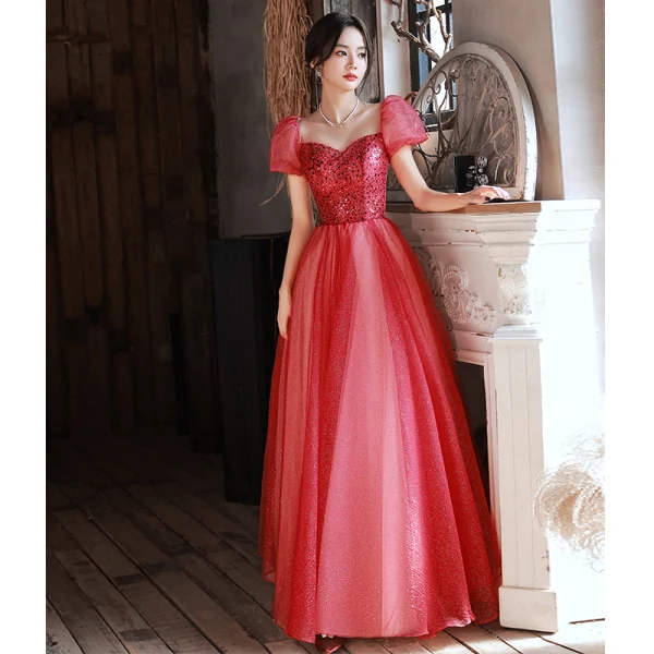 Chic / Belle Bordeaux Glitter Paillettes Robe De Bal 2022 Princesse Encolure Carrée Gonflée Manches Courtes Dos Nu Longue Promo Robe De Ceremonie