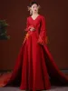 Chinese style Red Pearl Rhinestone Satin Evening Dresses 2022 A-Line / Princess V-Neck Long Sleeve Tassel Backless Evening Party Court Train Formal Dresses
