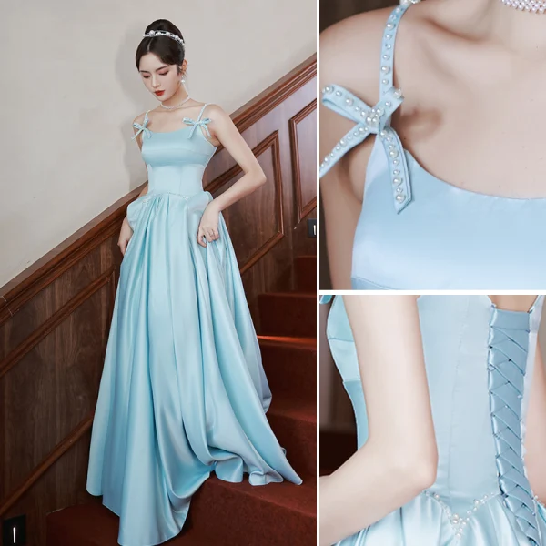 Fashion Sky Blue Satin Homecoming Graduation Dresses 2022 A-Line / Princess Pearl Bow Spaghetti Straps Sleeveless Backless Floor-Length / Long Formal Dresses