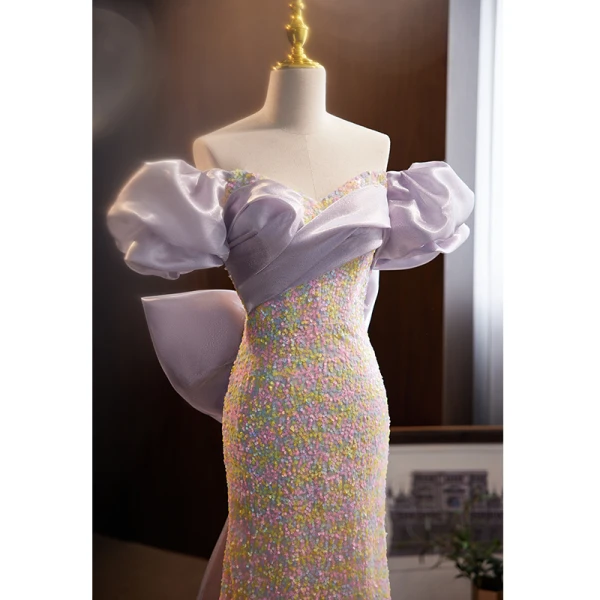 Mode Lavande Paillettes Robe De Soirée 2023 Trompette / Sirène De l'épaule Manches Courtes Dos Nu Noeud Train De Balayage Promo Robe De Ceremonie