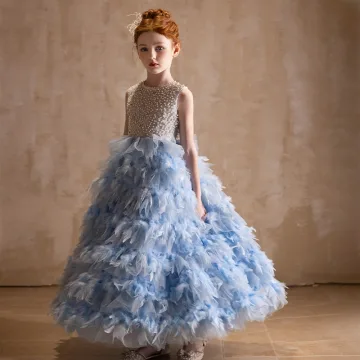 Fashion Sky Blue Pearl Appliques Birthday Flower Girl Dresses 2025 A Line Princess Scoop Neck Sleeveless Backless Floor Length Long