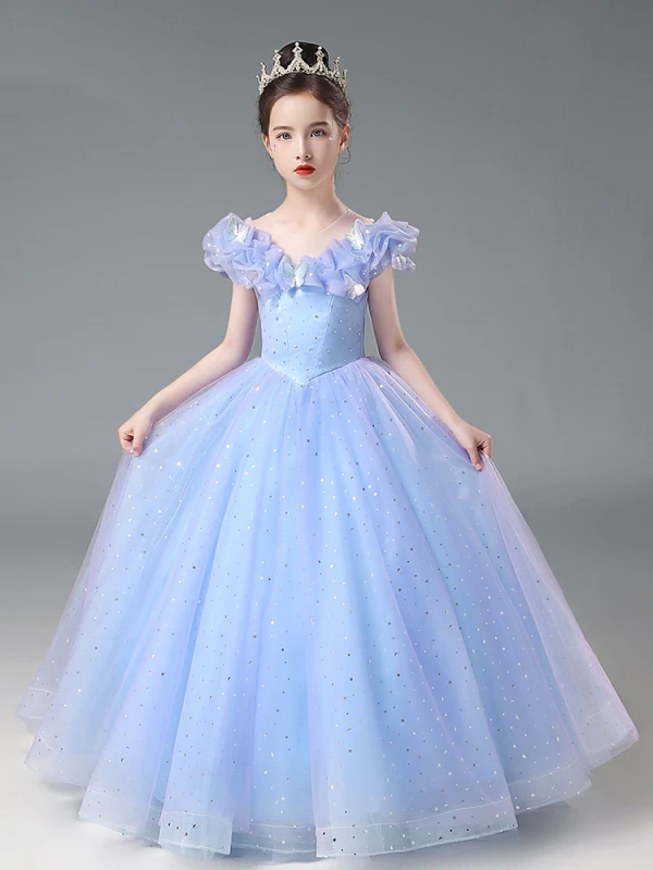 Cinderella Sky Blue Lace Butterfly Star Sequins Flower Girl Dresses 2024 Ball Gown Birthday Scoop Neck Short Sleeve Floor-Length / Long