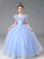 Cinderella Sky Blue Lace Butterfly Star Sequins Flower Girl Dresses 2024 Ball Gown Birthday Scoop Neck Short Sleeve Floor-Length / Long