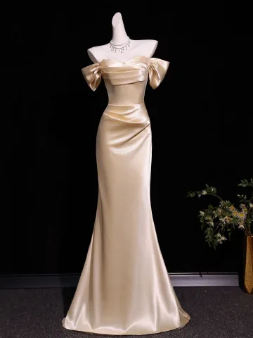 Sexy Robe De Soirée Champagne 2026 Trompette Sirène De L Épaule Manches Courtes Dos Nu Longue Robe De Ceremonie