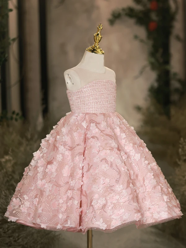 Lovely Blushing Pink Beading Sequins Appliques Short Birthday Flower Girl Dresses 2024 Ball Gown Scoop Neck Sleeveless Backless