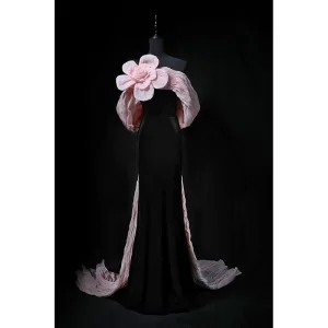 Mode Schwarz Blumen Samt Ballkleider 2024 Meerjungfrau Bandeau Ärmellos Rückenfreies Schleife Sweep Pinsel Zug Ball Festliche Kleider