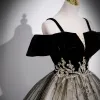 Vintage / Retro Black Glitter Sequins Prom Dresses 2023 Ball Gown Spaghetti Straps Short Sleeve Backless Floor-Length / Long Prom Formal Dresses