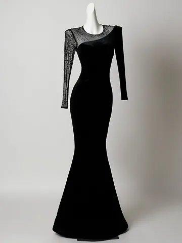 Sexy Black Beading Evening Dresses 2026 Trumpet Mermaid Scoop Neck Long Sleeve Floor Length Long Formal Dresses