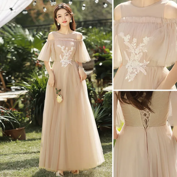 Modest / Simple Champagne Lace Flower Bridesmaid Dresses 2023 A-Line / Princess Scoop Neck Short Sleeve Backless Floor-Length / Long Bridesmaid Dresses