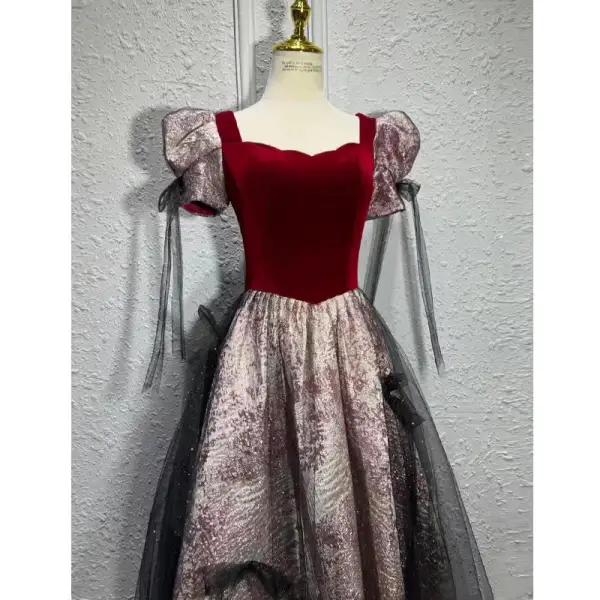 Elegant Burgundy Suede Prom Dresses 2023 A-Line / Princess Square Neckline Short Sleeve Backless Floor-Length / Long Prom Formal Dresses