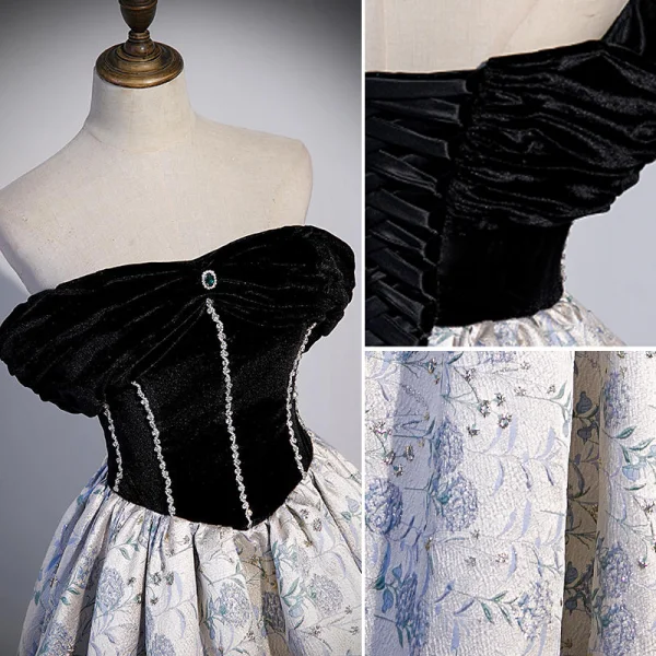 Elegant Black Rhinestone Prom Dresses 2022 Ball Gown Off-The-Shoulder Sleeveless Backless Floor-Length / Long Formal Dresses