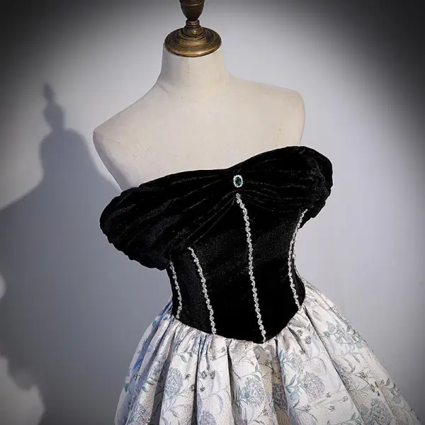 Elegant Black Rhinestone Prom Dresses 2022 Ball Gown Off-The-Shoulder Sleeveless Backless Floor-Length / Long Formal Dresses