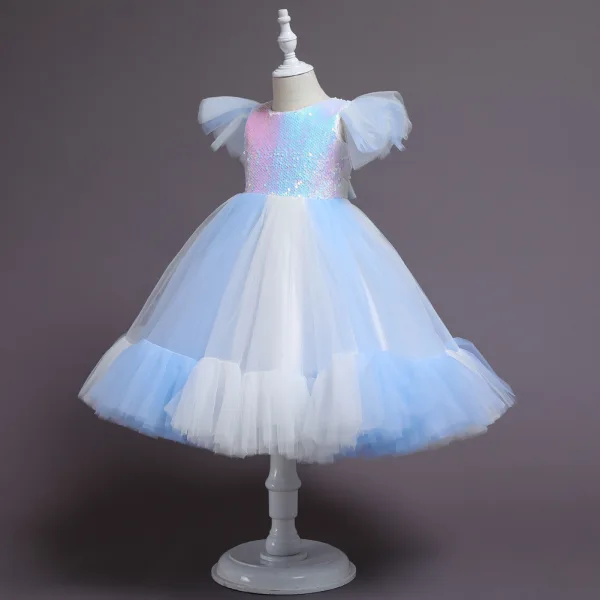 Lovely Sky Blue Sequins Birthday Flower Girl Dresses 2023 Ball Gown Scoop Neck Short Sleeve Bow Floor-Length / Long Flower Girl Dresses