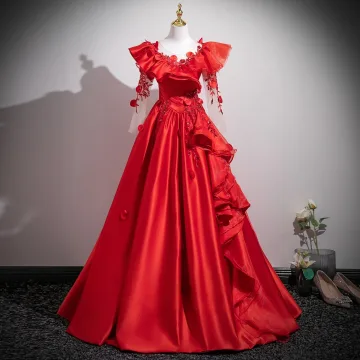 Vintage Originale Rouge Perlage Paillettes Appliques Robe De Bal 2025 Robe Boule Encolure Dégagée Manches Longues Dos Nu Longue Robe De Ceremonie