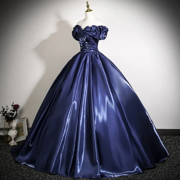 Vintage / Retro Navy Blue Prom Dresses 2025 Ball Gown Off-The-Shoulder Short Sleeve Backless Floor-Length / Long Prom Formal Dresses