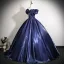 Vintage / Retro Navy Blue Prom Dresses 2025 Ball Gown Off-The-Shoulder Short Sleeve Backless Floor-Length / Long Prom Formal Dresses