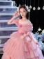 Lovely Blushing Pink Cascading Ruffles Appliques Birthday Flower Girl Dresses 2024 Ball Gown Scoop Neck Short Sleeve Floor-Length / Long