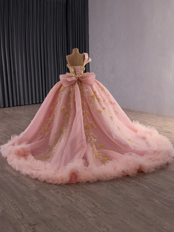 Luxury / Gorgeous Flower Fairy Blushing Pink Beading Appliques Sequins Prom Dresses 2025 Ball Gown One-Shoulder Sleeveless Backless Bow Court Train Formal Dresses