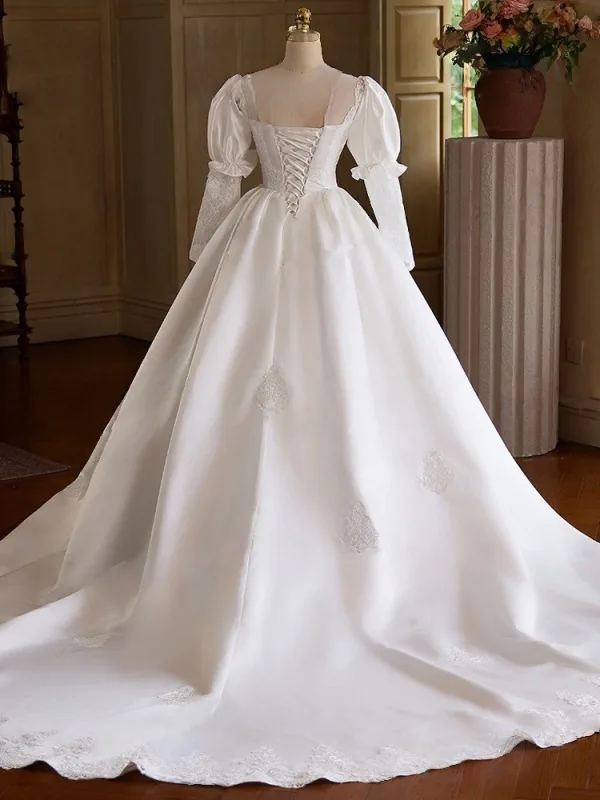 Vintage / Retro Medieval White Lace Flower Satin Wedding Dresses 2025 Ball Gown High Neck Long Sleeve Backless Court Train