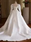 Vintage / Retro Medieval White Lace Flower Satin Wedding Dresses 2025 Ball Gown High Neck Long Sleeve Backless Court Train