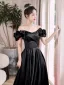 Audrey Hepburn Style Black Satin Prom Dresses 2025 A-Line / Princess Off-The-Shoulder Short Sleeve Backless Floor-Length / Long Prom Formal Dresses