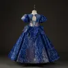 Sparkly Royal Blue Beading Pearl Sequins Rhinestone Birthday Flower Girl Dresses 2023 Ball Gown Scoop Neck Puffy Short Sleeve Floor-Length / Long