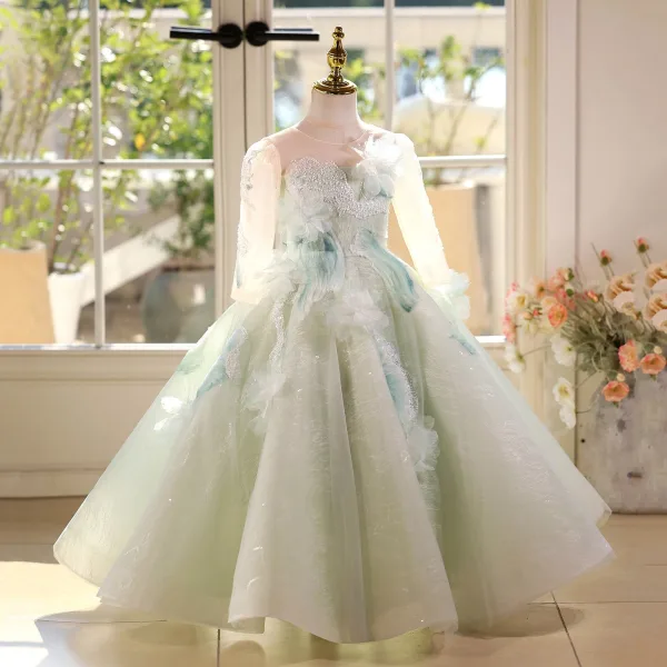 Élégant Vert Cendré Perlage Appliques Anniversaire Robe Ceremonie Fille 2026 Robe Boule Encolure Dégagée Manches Longues Dos Nu Longue Tulle