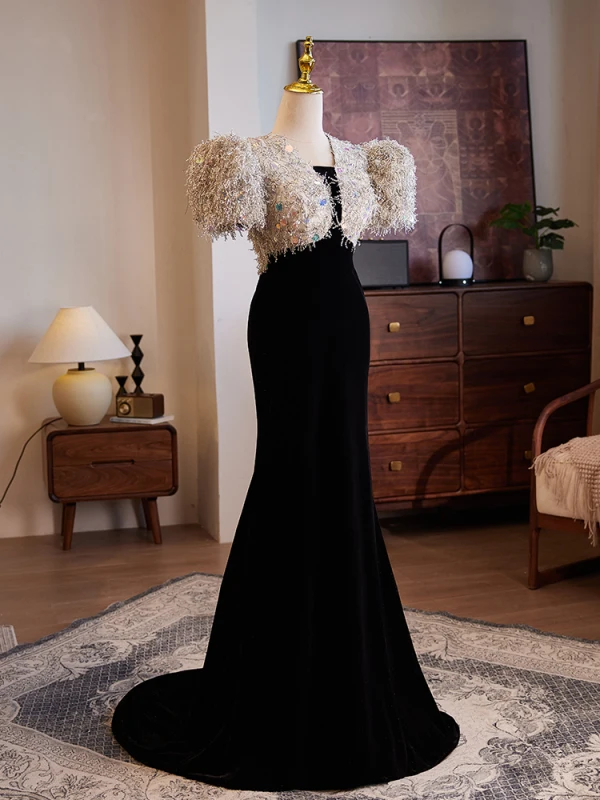Charming Black Tassel Sequins Evening Dresses 2024 Trumpet / Mermaid V-Neck Short Sleeve Backless Floor-Length / Long Evening Party Formal Dresses