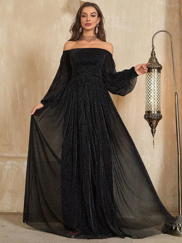 Elegant Black Glitter Prom Dresses 2025 A-Line / Princess Off-The-Shoulder Long Sleeve Backless Floor-Length / Long Prom Formal Dresses Elegant Black Glitter Prom Dresses 2025 A-Line / Princess Off-The-Shoulder Long Sleeve Backless Floor-Length / Long Prom Formal Dresses