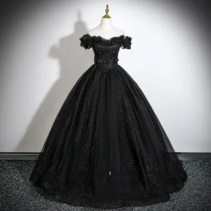 Élégant Noire Appliques Glitter Robe De Bal 2026 Robe Boule De L Épaule Manches Courtes Dos Nu Longue Robe De Ceremonie
